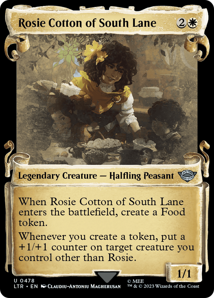 A Magic: The Gathering card titled Rosie Cotton of South Lane [The Lord of the Rings: Tales of Middle-Earth Showcase Scrolls] features a smiling woman with curly brown hair holding a basket in a verdant setting. Inspired by The Lord of the Rings, this legendary creature costs 2W and creates a Food token upon entering, placing +1/+1 counters when tokens are made.