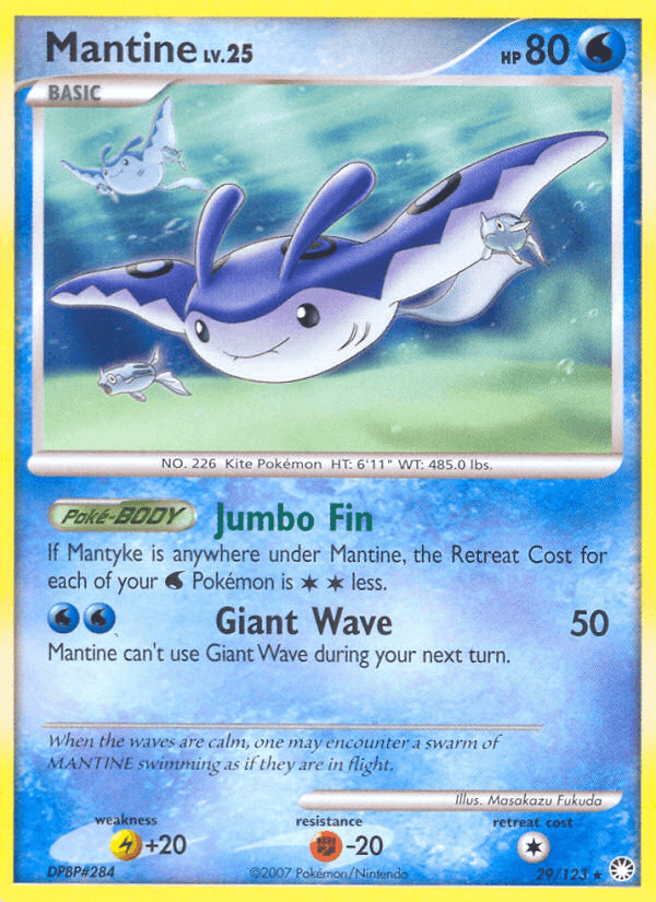 A rare Pokémon trading card featuring Mantine (29/123) [Diamond & Pearl: Mysterious Treasures] by Pokémon, a Water-type Kite Pokémon with the identifier No. 226. It has 80 HP and is level 25. The card displays Mantine underwater with smaller Pokémon around it. Its abilities include 