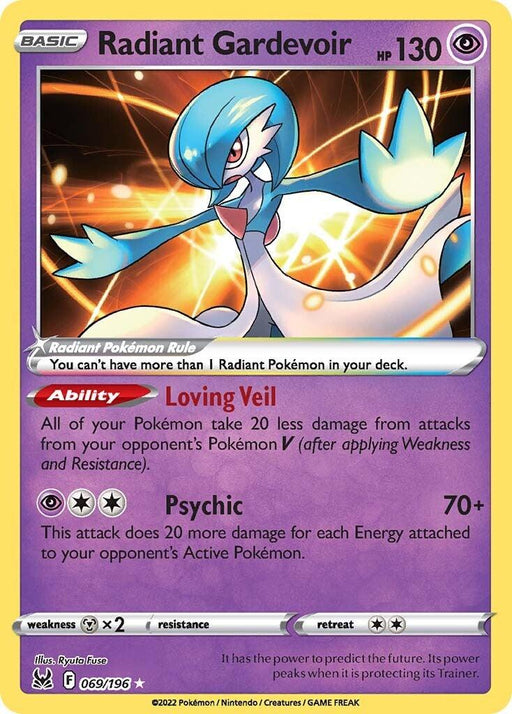 A Pokémon Radiant Gardevoir (069/196) [Sword & Shield: Lost Origin] from the Pokémon series. This Basic Ultra Rare Pokémon with 130 HP features a blue and white humanoid figure with a flowing appearance. It has an ability called "Loving Veil" and an attack named "Psychic." The card details include attack damage, resistance, and illustrator info.