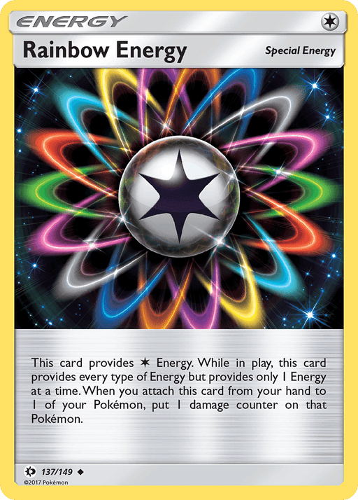 An Uncommon Pokémon trading card from the Sun & Moon series displaying "Rainbow Energy (137/149) [Sun & Moon: Base Set]" by Pokémon. The card features a multicolored burst radiating from a central silver and black star symbol. Text states the card provides every type of Special Energy but only one at a time, and attaching it causes 1 damage counter to the Pokémon. Numbered 137/149.