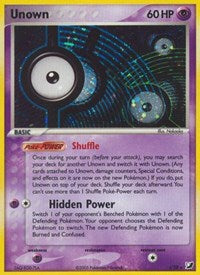 The Pokémon trading card Unown (I) (I/28) [EX: Unseen Forces] features Unown with 60 HP. The card has a purple and yellow border, characteristic of the Holo Rare series from the Pokémon brand. Unown, depicted as an eye-like figure, possesses Psychic abilities such as 