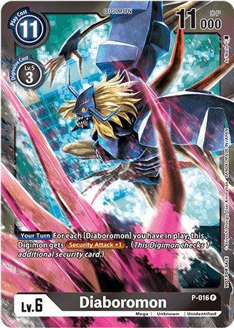 A Diaboromon [P-016] (Gift Box 2022) promotional card by Digimon showcases the humanoid creature with long, sharp claws and dark armor on a dark background accented with red, pink, and teal colors. This level 6 card has a play cost of 11 and a DP of 11000.