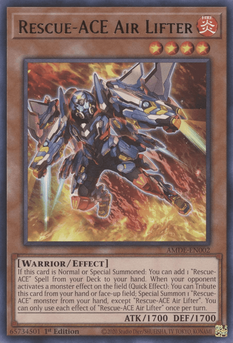 A "Rescue-ACE Air Lifter [AMDE-EN002] Rare" Yu-Gi-Oh! Effect Monster card depicts a humanoid robot with red and silver armor, mechanical wings, and two jet engines. It holds a blue energy weapon. The card stats include 1700 ATK and 1700 DEF, detailing warrior/effect information and Special Summon abilities in the text box.