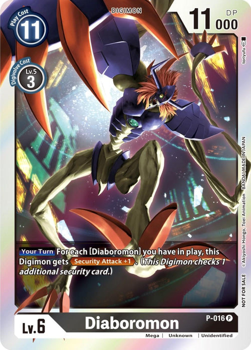 A Digimon card showcasing Diaboromon [P-016] (Event Pack 3) [Promotional Cards], a green, humanoid creature with sharp claws and red-tipped appendages. This promotional card lists its play cost (11), level (5), and DP (11000). Diaboromon gains +1 security attack for each other Diaboromon in play. The card number is P-016.