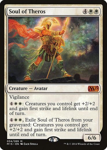 The image shows the Magic: The Gathering product "Soul of Theros [Magic 2015]". This mythic rarity white Creature - Avatar card, with a cost of 4WW, features an intricate illustration of an armored warrior with glowing elements. It grants creatures you control +2/+2, first strike, and lifelink until end of turn.