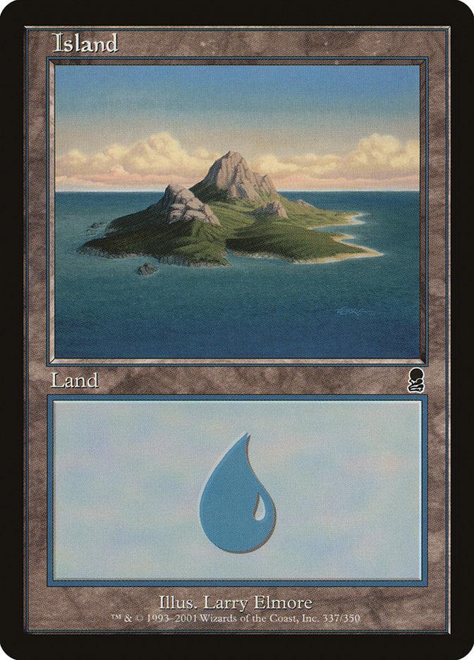 A Magic: The Gathering card titled "Island (337) [Odyssey]." This Basic Land card from the Odyssey set displays a serene ocean scene with a mountain and green vegetation on a small island. Below the art, the text reads "Island" and "Land," alongside a blue water drop symbol. The illustration is credited to Larry Elmore.