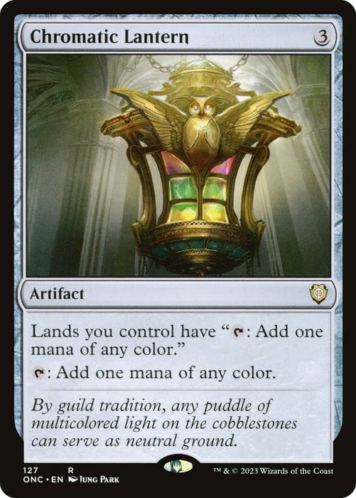 Here is an image of the Chromatic Lantern card from the Magic: The Gathering Phyrexia: All Will Be One Commander set. This rare card showcases art by Jung Park, featuring a glowing lantern emitting multicolored light. The top part of the card displays its name, while the bottom includes its type (Artifact), mana cost (3), abilities, flavor text, and artist credit.