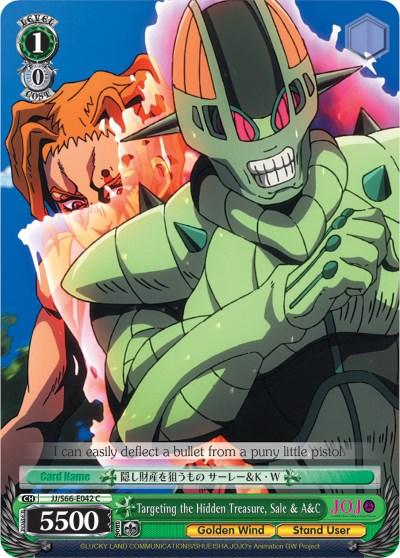 A Targeting the Hidden Treasure, Sale & A&C (JJ/S66-E042 C) [JoJo's Bizarre Adventure: Golden Wind] from Bushiroad. The front features a character with green armor and pointed ears, posing confidently. Background shows another character clenching fists. The bottom displays numbers, icons, and text, including "Golden Wind," "JoJo," and "Stand User.