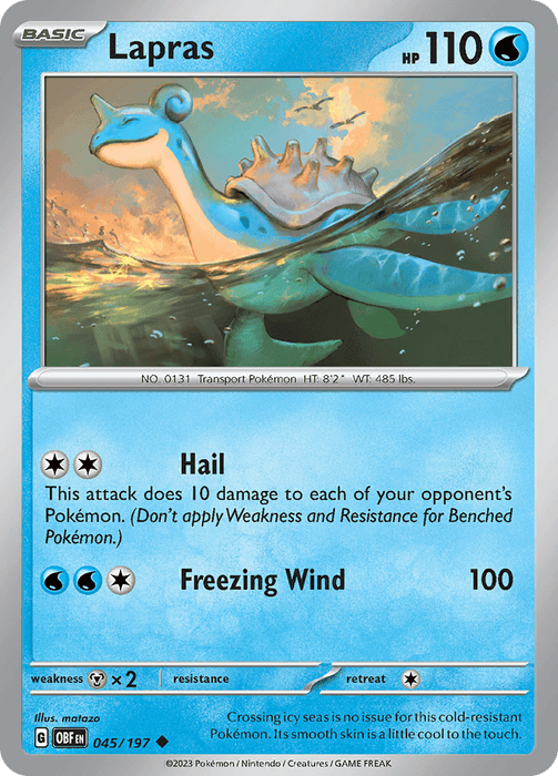A Pokémon card from the Scarlet & Violet series featuring Lapras, identified as the Water type Transport Pokémon. The card shows a blue, turtle-like creature with a long neck and shell with knobs. It has an HP of 110 and details two attack moves: Hail and Freezing Wind. Weakness is Electric type, with a retreat cost of two.

Lapras (045/197) [Scarlet & Violet: Obsidian Flames] from Pokémon