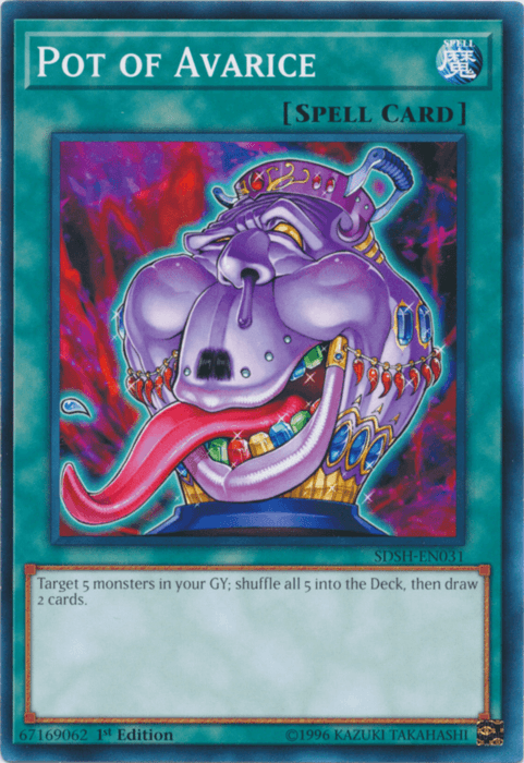 Yu-Gi-Oh! trading card titled 'Pot of Avarice [SDSH-EN031] Common.' The card features an ornate, purple jar with a face, a large open mouth, and a protruding tongue. Purple energy swirls around the jar against a vibrant red and blue background. This Normal Spell's effect: 'Target and shuffle 5 monsters in your GY into the Deck, then draw 2 cards