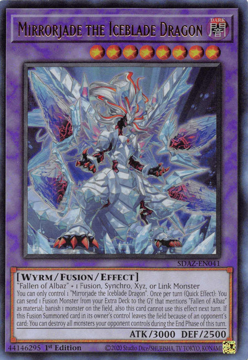 A Yu-Gi-Oh! card titled "Mirrorjade the Iceblade Dragon [SDAZ-EN041] Ultra Rare," an Ultra Rare fusion monster featuring a fearsome dragon with an icy, crystalline body. This dragon, fused with Fallen of Albaz, boasts blue and white sharp-edged scales and large wings emitting icy shards. Its ATK is 3000 and DEF is 2500 against a purple background, signifying its