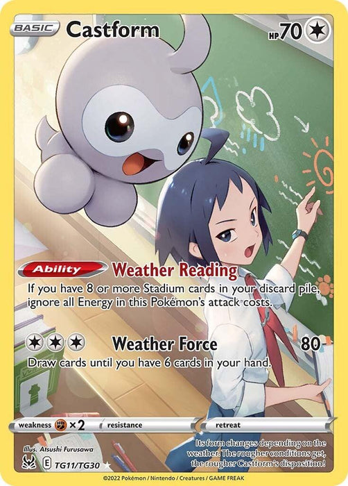 This Pokémon product, Castform (TG11/TG30) [Sword & Shield: Lost Origin] from the Pokémon series, features Castform with 70 HP. The artwork showcases Castform, a small weather-dependent Pokémon, hovering above a young trainer in a classroom as they point to a chalkboard filled with equations. Abilities: Weather Reading and Weather Force.