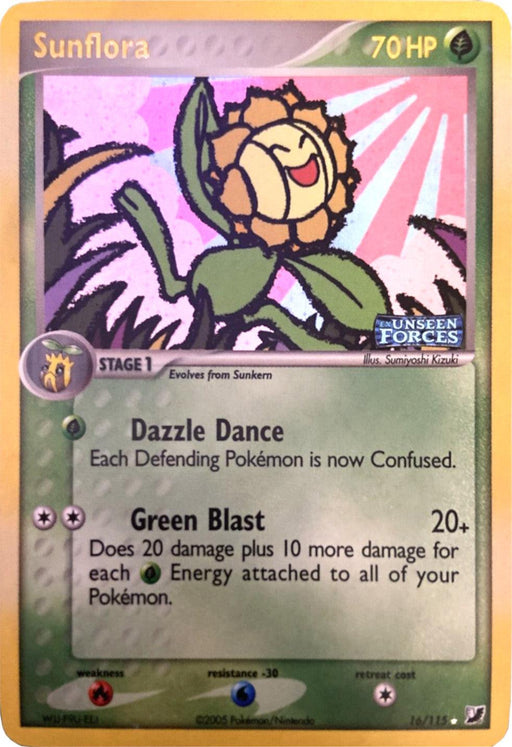 A Pokémon trading card features Sunflora with 70 HP. It evolves from Sunkern and belongs to the Unseen Forces set. The Holo Rare card displays a vibrant illustration of the Grass-type Sunflora against a colorful background with a sun. Sunflora has two moves: Dazzle Dance and Green Blast. Card number: **Sunflora (16/115) (Stamped) [EX: Unseen Forces]** by **Pokémon**.