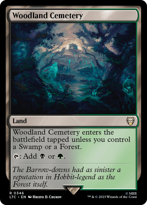 A "Woodland Cemetery" [The Lord of the Rings: Tales of Middle-Earth Commander] Magic: The Gathering card from Tales of Middle-Earth Commander. This Land card depicts eerie cemetery artwork with overgrown trees and graves. It enters the battlefield tapped unless you control a Swamp or a Forest, tapping to add black or green mana. The flavor text reads, "The Barrow-downs had as sinister a reputation in Hobbit-legend as the Forest itself.