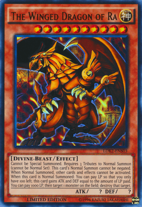 An artwork of the Yu-Gi-Oh! card The Winged Dragon of Ra [LDK2-ENS03] Ultra Rare from Legendary Decks II. This Ultra Rare Effect Monster showcases a powerful, golden dragon with wings and a muscular build against a fiery background. As a Divine-Beast/Effect type, it requires 3 tributes to normal summon, with variable attack and defense points.