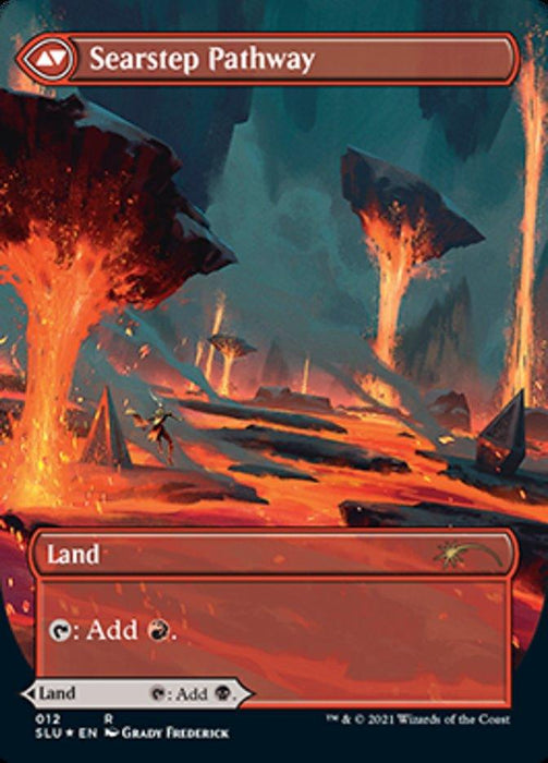 Illustrated Magic: The Gathering card titled "Blightstep Pathway // Searstep Pathway (Borderless) [Secret Lair: Ultimate Edition 2]" from the Magic: The Gathering. It depicts a fantastical landscape filled with flowing lava, erupting volcanoes, and floating rock formations. This Rare Land card is categorized as "Land" and can generate either red or white mana.