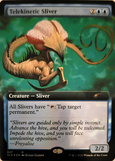 The "Telekinetic Sliver" from the Secret Lair Drop Promos exhibits a creature with textured, muscular physique, elongated limbs, and a head akin to a bird skull. It has the ability to tap target permanents. This Magic: The Gathering card in its Extended Art edition is adorned with intricate details and embraces a fantasy theme. Its power and toughness are both rated at 2/2.