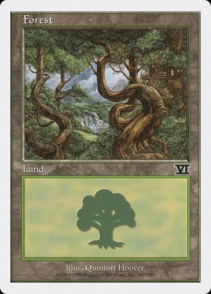 A "Forest (347)" Magic: The Gathering card from the Classic Sixth Edition, illustrated by Quinton Hoover. The artwork depicts a lush forest scene with tall, twisting trees and a small stream flowing through it. The bottom half of the card contains a green tree symbol, indicating its role as a Basic Land card.