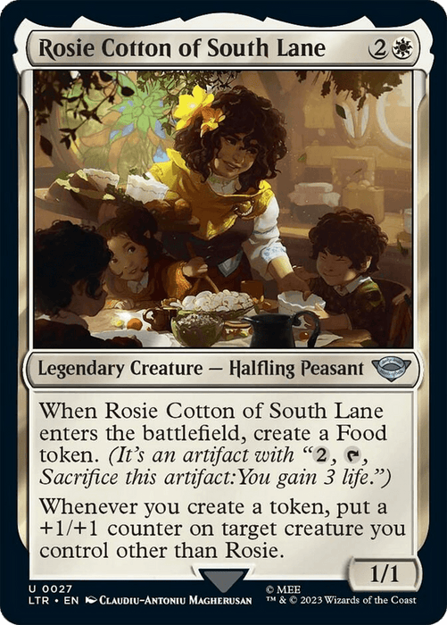 A Magic: The Gathering card titled "Rosie Cotton of South Lane [The Lord of the Rings: Tales of Middle-Earth]." The artwork, inspired by *The Lord of the Rings: Tales of Middle-Earth*, depicts a young halfling woman dressed in rustic clothing, picking flowers. She creates Food tokens and boosts other creatures with +1/+1 counters, identified as a legendary creature-halfling peasant.