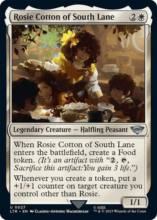 A Magic: The Gathering card titled "Rosie Cotton of South Lane [The Lord of the Rings: Tales of Middle-Earth]." The artwork, inspired by *The Lord of the Rings: Tales of Middle-Earth*, depicts a young halfling woman dressed in rustic clothing, picking flowers. She creates Food tokens and boosts other creatures with +1/+1 counters, identified as a legendary creature-halfling peasant.