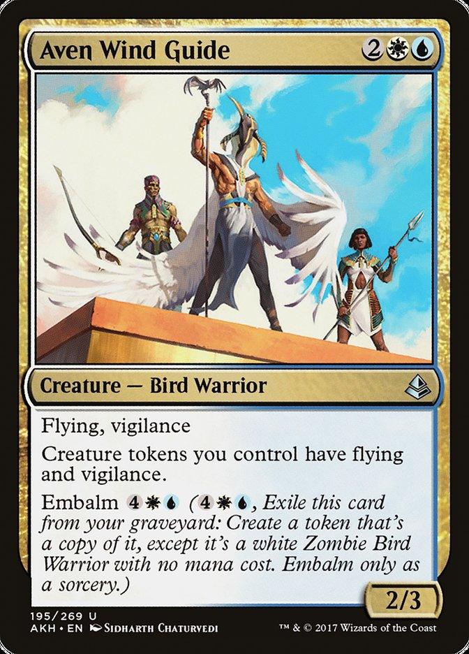 A card from Magic: The Gathering featuring Aven Wind Guide [Amonkhet] with a man and woman, surrounded by creature tokens.