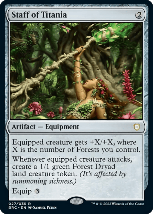 The image features a Magic: The Gathering card titled "Staff of Titania [The Brothers' War Commander]," a Rare Artifact Equipment from The Brothers' War Commander set. It shows a dense, lush forest with a prominent female figure, dressed in foliage, holding a staff. The card's text explains that the staff grants bonuses to the equipped creature based on the number of Forests controlled.