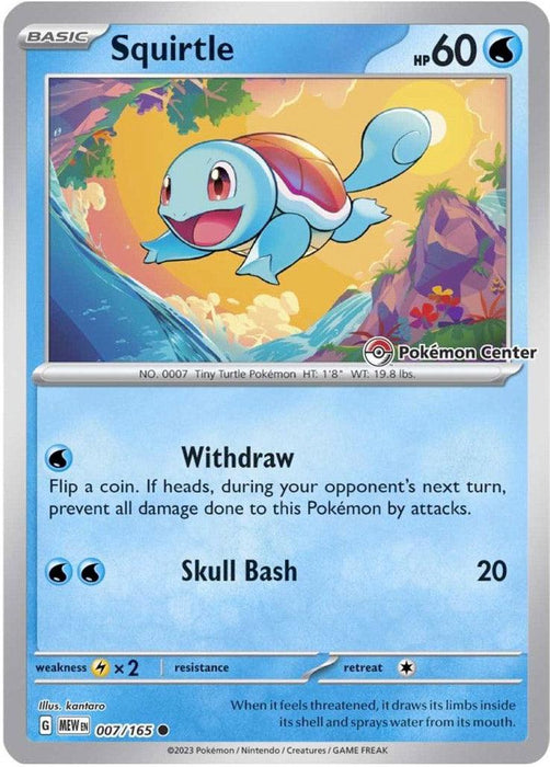 This Pokémon Center Exclusive Scarlet & Violet: Black Star Promos card features Squirtle (007/165) joyfully swimming underwater with bubbles and rays of light. As a basic Water type with 60 HP, it showcases two moves: Withdraw and Skull Bash. The retreat cost, weakness, and card details are displayed at the bottom.