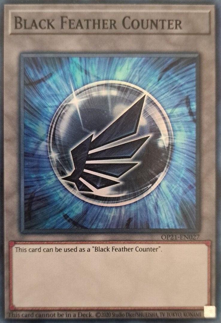 A card featuring a bird in a circle, and it's actually a Black Feather Counter [OP21-EN027] Super Rare from the Yu-Gi-Oh! OTS Tournament Pack 21.