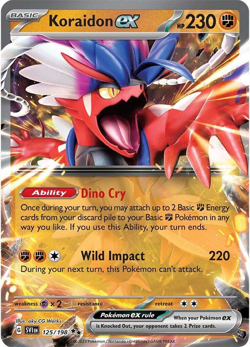 Pokémon product Ultra Rare Pokémon card featuring Koraidon ex (125/198) [Scarlet & Violet: Base Set] with 230 HP. The card shows a fierce, colorful creature with large claws and red and blue scales. Its abilities include "Dino Cry" and "Wild Impact," dealing 220 damage. Weakness to Psychic-type, retreat cost of 2 energy. Card number 125/198 from the Scarlet & Violet Base Set.
