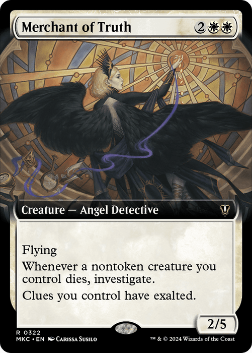 A Magic: The Gathering card titled "Merchant of Truth (Extended Art) [Murders at Karlov Manor Commander]." An Angel Detective from the Murders at Karlov Manor set, it costs 2 colorless and 2 white mana. The black-winged angel with a magnifying glass stands against a stained glass window. With "Flying," it reads, "Whenever a nontoken creature you control dies, investigate. Clues you control have exalt