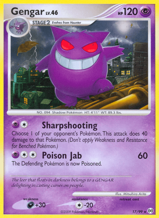 A rare Gengar (17/99) [Platinum: Arceus] from the Pokémon series. The card showcases a ghostly, purple Gengar with a big grin. It has 120 HP and features two moves: Sharpshooting (40 damage) and Poison Jab (60 damage plus poisoning). Set against a psychic background, the card number is 17/99.