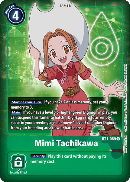 Introducing the Digimon game card "Mimi Tachikawa [BT1-089] (Buy-A-Box Promo) [Release Special Booster Ver.1.0 Promos)." This trading card highlights Tamer Mimi Tachikawa, showcasing her long brown hair, signature white hat, and distinct pink outfit. Notable features include text boxes that detail her skills, such as starting your turn with a memory set to 3. The design is completed with a green background embellished with digital patterns.