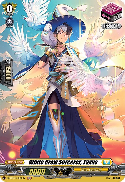 A fantasy character, "White Crow Sorcerer, Taxus (D-BT01/H39EN) [Genesis of the Five Greats]," from Bushiroad is depicted in detailed, colorful attire. He wears a magical, flowing cloak adorned with feathers and wields a staff. White doves surround him, enhancing the celestial atmosphere. He is part of the Keter Sanctuary collection within the Genesis of the Five Greats series.