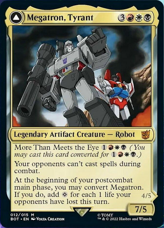 A Magic: The Gathering trading card titled "Megatron, Tyrant // Megatron, Destructive Force [Transformers]." It depicts a giant Transformers robot with weaponry, standing dominantly. The card has a pale yellow border and the text details its abilities and stats: "Legendary Artifact Creature - Robot." This Mythic Rarity card boasts 7 power and 5 toughness.