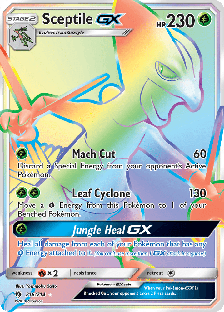 A Pokémon trading card featuring Sceptile GX (216/214) [Sun & Moon: Lost Thunder]. This Pokémon Secret Rare card's stats include Stage 2, HP 230, and evolves from Grovyle. Its moves are Mach Cut, Leaf Cyclone, and its special move Jungle Heal GX. Illustrated by Yoshinob Saito, it showcases vibrant colors with Sceptile in an action stance.