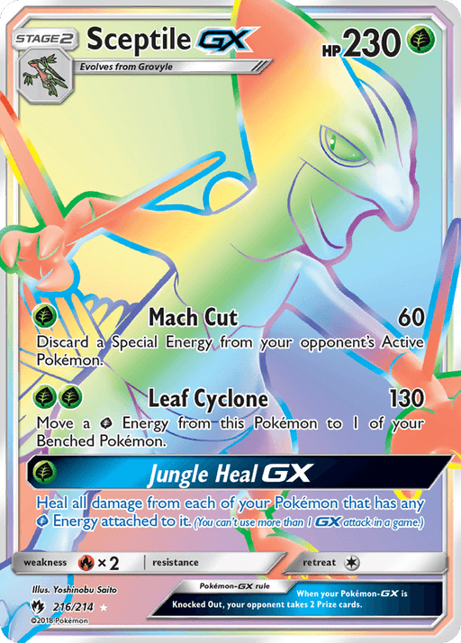 A Pokémon trading card featuring Sceptile GX (216/214) [Sun & Moon: Lost Thunder]. This Pokémon Secret Rare card's stats include Stage 2, HP 230, and evolves from Grovyle. Its moves are Mach Cut, Leaf Cyclone, and its special move Jungle Heal GX. Illustrated by Yoshinob Saito, it showcases vibrant colors with Sceptile in an action stance.