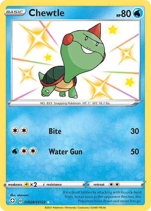 A Pokémon card of Chewtle (SV028/SV122) [Sword & Shield: Shining Fates], depicted as a green, turtle-like creature with a large head and a small orange horn. The Ultra Rare Shining Fates card shows Chewtle with 80 HP, and its two attacks: Bite (30 damage) and Water Gun (50 damage). The background features sparkling stars and colorful swirls.