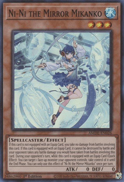 The image depicts a Yu-Gi-Oh! trading card named "Ni-Ni the Mirror Mikanko [AMDE-EN026] Super Rare". It is a Super Rare Spellcaster/Effect Monster with zero ATK and DEF, and three stars. The card shows an anime-style female character in a blue and white outfit, wielding a mirror and surrounded by a mystical aura.