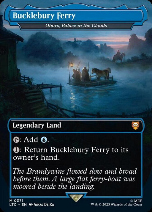 A mystical card from Magic: The Gathering named "Oboro, Palace in the Clouds - Bucklebury Ferry [The Lord of the Rings: Tales of Middle-Earth Commander]" depicts a foggy riverside scene at dawn. A horseman waits near a wooden ferry dock beside an old ferry boat. This Legendary Land, inspired by The Lord of the Rings, has abilities to generate mana and return the card to its owner's hand.