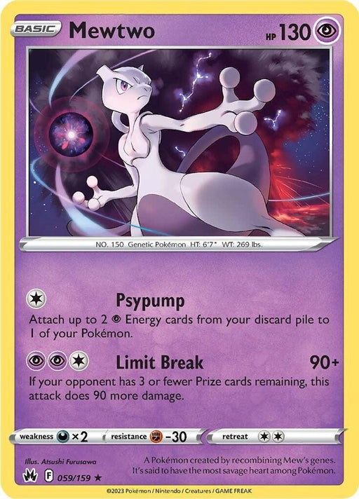 A Pokémon Mewtwo (059/159) [Sword & Shield: Crown Zenith] trading card from the Sword & Shield set features Mewtwo, a Psychic-type Pokémon with 130 HP. The purple background highlights its powerful Psypump and Limit Break attacks. It has a fighting weakness of x2, no resistance, and a retreat cost of one energy. Illustrated by Anesaki Dynamic.