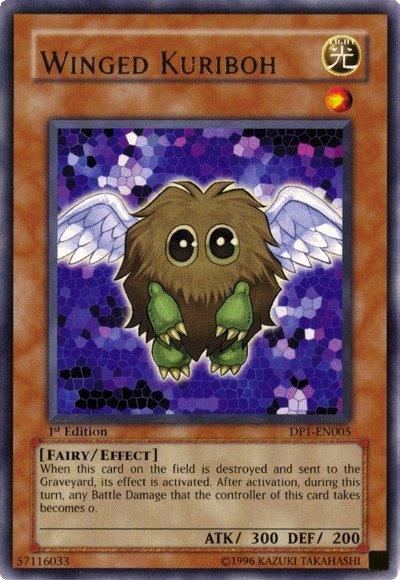 A Yu-Gi-Oh! trading card titled "Winged Kuriboh [DP1-EN005] Rare" features a small, brown, furry creature with large, shiny eyes and white wings. It has green claws and a friendly expression. This Fairy/Effect Monster with 300 ATK and 200 DEF appears in the deck of Jaden Yuki against a mosaic background.
