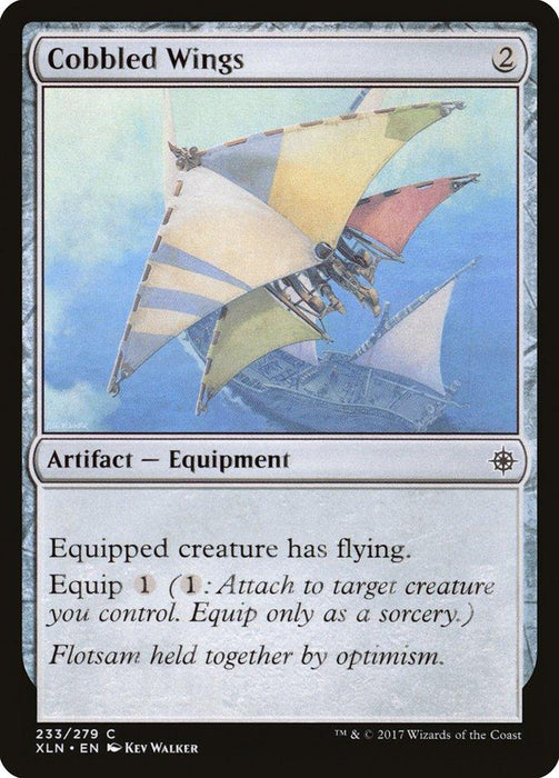 A Magic: The Gathering card named "Cobbled Wings [Ixalan]." This artifact equipment has an equip cost of 1 and grants the equipped creature flying. It showcases a colorful, patchwork flying apparatus with various cloth pieces and wooden structures, soaring in the sky, reminiscent of Ixalan’s ingenuity.