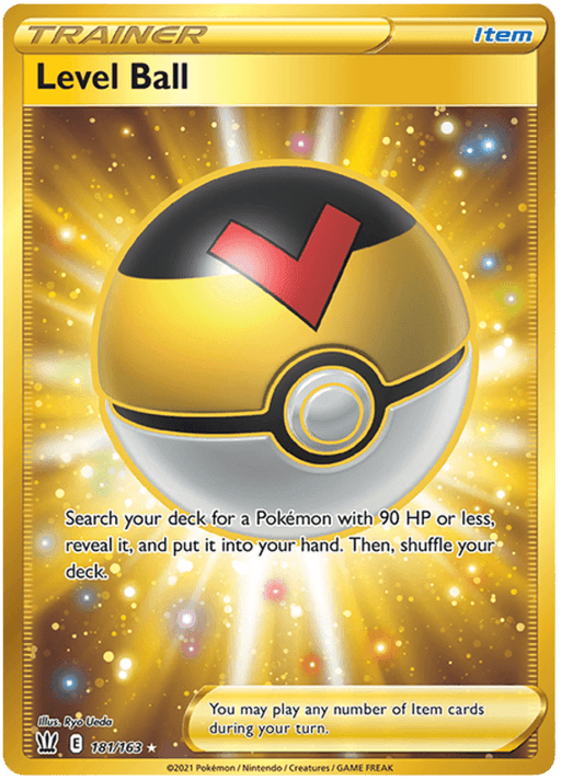 A Pokémon card titled "Level Ball (181/163) [Sword & Shield: Battle Styles]" from the Pokémon expansion is shown. The card has a golden border and background with sparkling effects. The center features a black, yellow, and white Poké Ball with a red check mark. Text reads: "Search your deck for a Pokémon with 90 HP or less, reveal it, and put it into your hand. Then, shuffle your deck.”