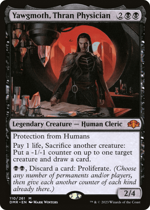 Image of the Magic: The Gathering card "Yawgmoth, Thran Physician [Dominaria Remastered]" from Magic: The Gathering. The card's border is black, and the artwork depicts a human cleric with long hair, wearing dark robes, in a dimly lit laboratory. As a Legendary Creature and Mythic rarity, it features detailed game mechanics and attributes. Card number 110/261.