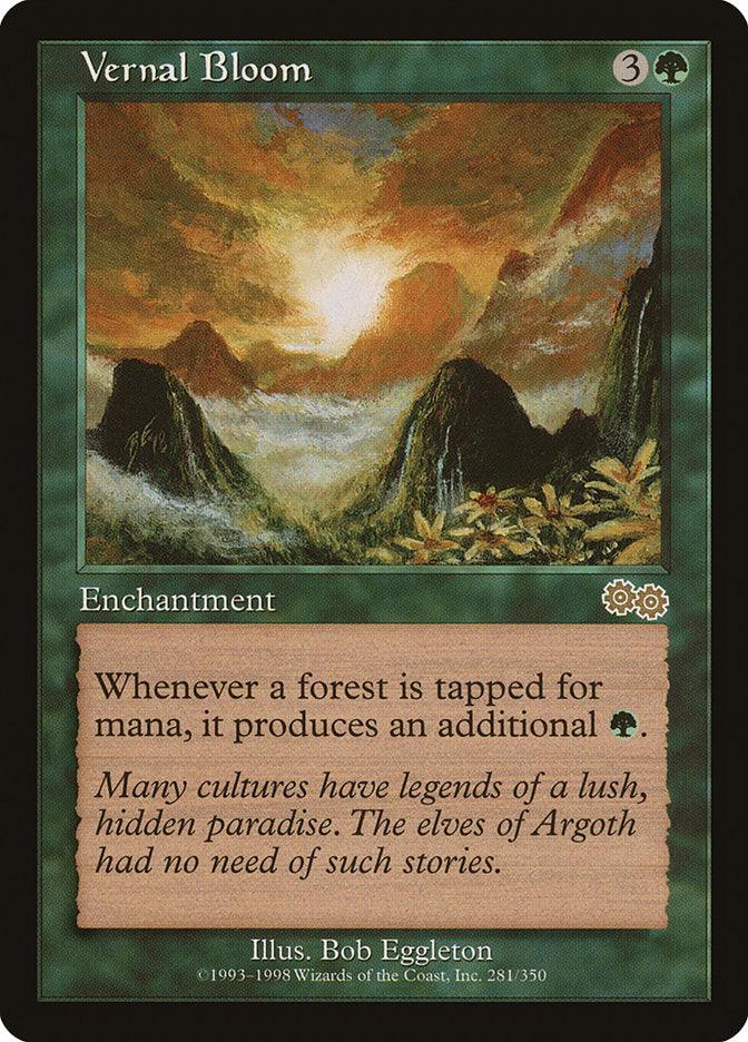 Magic: The Gathering card from Urza's Saga featuring Vernal Bloom [Urza's Saga], a rare green Enchantment with a mana cost of three generic and one green mana. The text reads, 