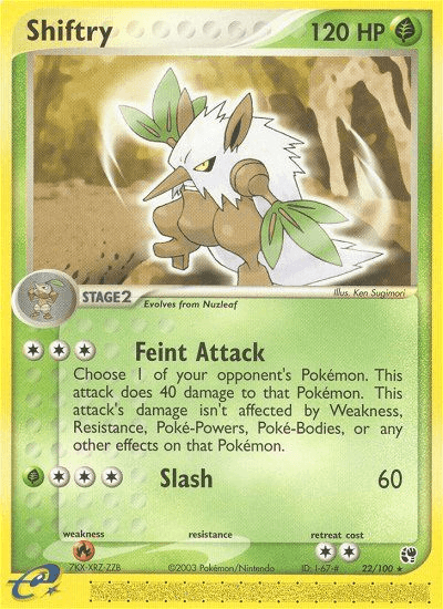 A rare Shiftry (22/100) [EX: Sandstorm] from the Pokémon series with 120 HP. It's a Stage 2 Grass-type that evolves from Nuzleaf. Shiftry is depicted standing with an intense expression, arms raised. It has two moves: Feint Attack (40 damage) and Slash (60 damage).
