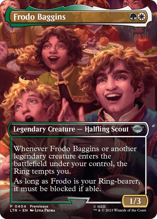 A Magic: The Gathering card titled "Frodo Baggins (Borderless Alternate Art) [The Lord of the Rings: Tales of Middle-Earth]" features an illustration of a joyful, curly-haired hobbit. The character is smiling brightly, surrounded by vibrant scenery. As the Ring-bearer from The Lord of the Rings, Frodo's abilities are detailed in the text box, which includes "Legendary Creature" and "Halfling Scout.