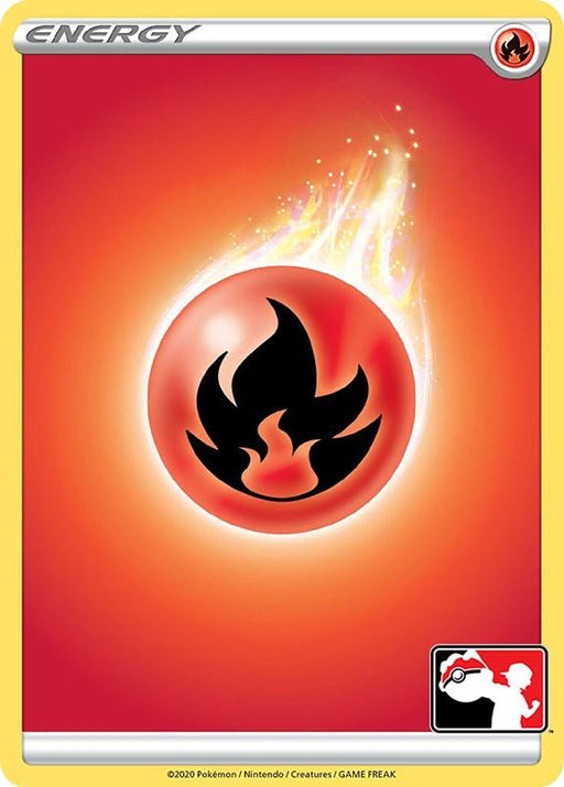 A common Pokémon Fire Energy [Prize Pack Series One] trading card from the Prize Pack Series One featuring a Fire Energy symbol. The card has a yellow border, and in the center is a large, red orb with a black flame icon in the middle. The background is a gradient of bright red and orange. The bottom right corner features a trainer insignia.