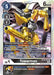 Introducing the Tuwarmon [BT12-064] (Box Topper) [Across Time] Digimon card, showcasing a mechanical Digimon adorned in silver and gold armor with dual arm cannons. This level 4 card features a play cost of 5 and boasts 6000 DP, belonging to the Mutant/Xros Heart family. It comes equipped with a unique Save ability. The card's text and game stats are expertly displayed around its vibrant image.