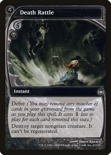 The "Death Rattle [Future Sight]" card from Magic: The Gathering depicts a shadowy warrior with a scythe. It features the delve ability, allowing you to reduce its cost of five generic and one black mana by exiling cards from your graveyard. This card enables you to destroy a target nongreen creature, which cannot be regenerated.